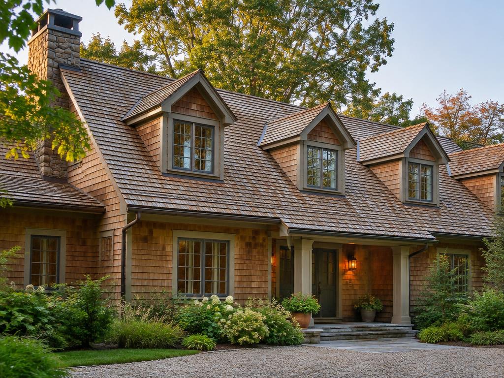 Cedar shake roof with dormers on a country home