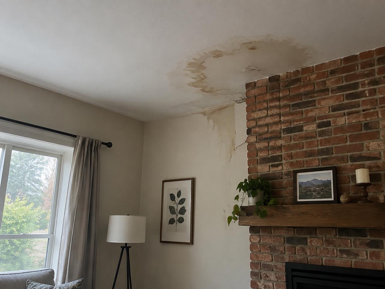 Example photo: a brown water stain on an interior ceiling beside a chimney
