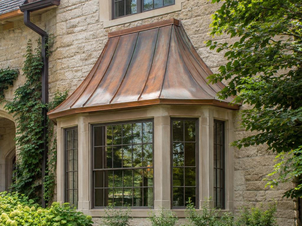 Copper bay window roof with warm patina on a stone home