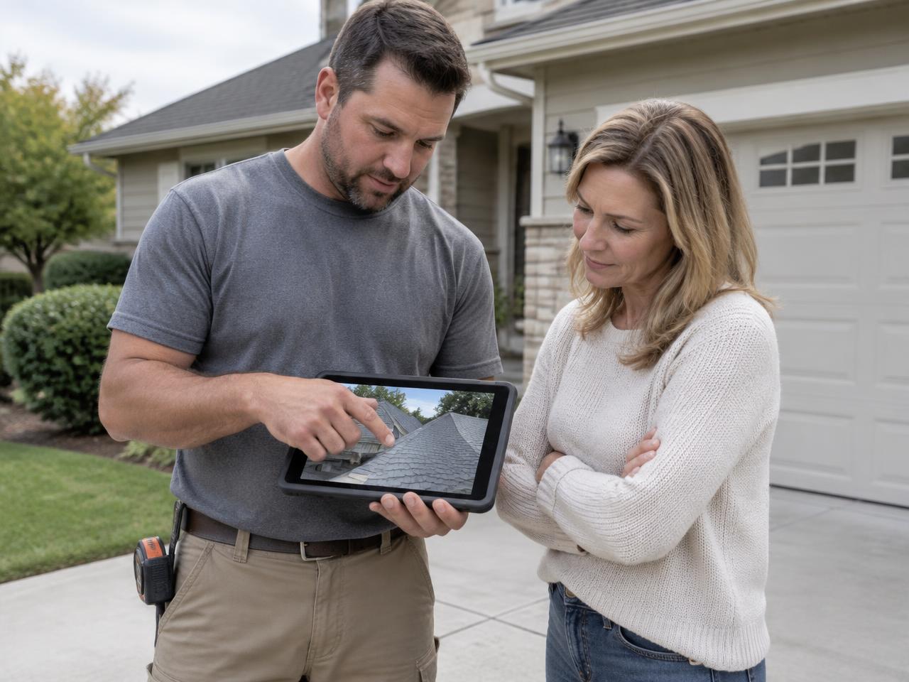Roofer showing roof photos on a tablet to a homeowner in a driveway