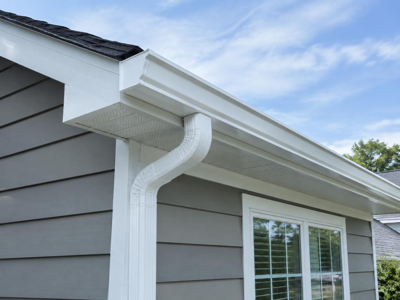 New seamless white aluminum gutter and downspout on a home fascia