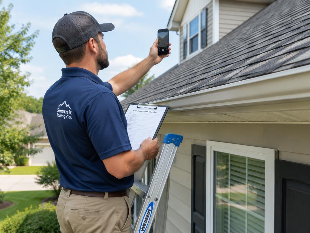 Roofer on a ladder taking photos of a roof during an inspection