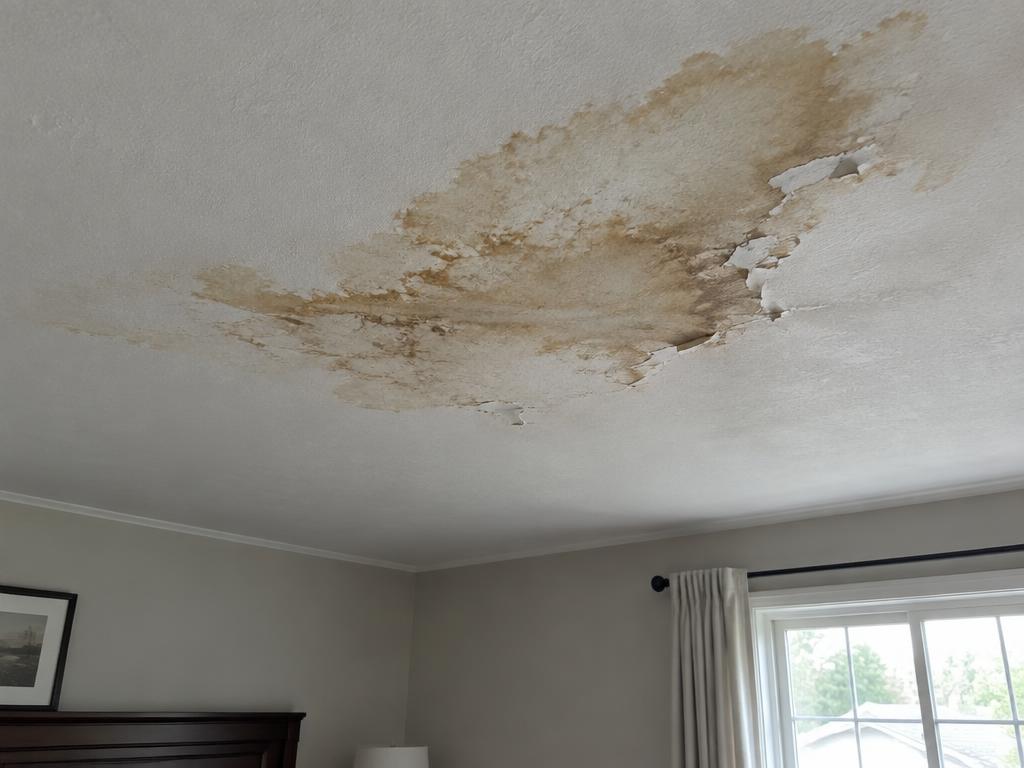 Brown water stain on a bedroom ceiling from a roof leak