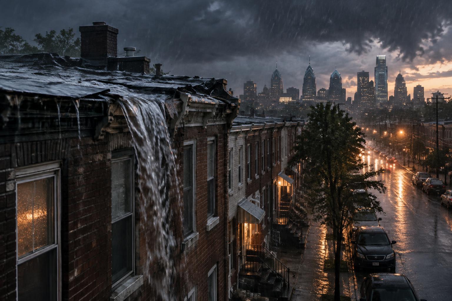 Rain pouring off a damaged Philadelphia rowhouse roof at night