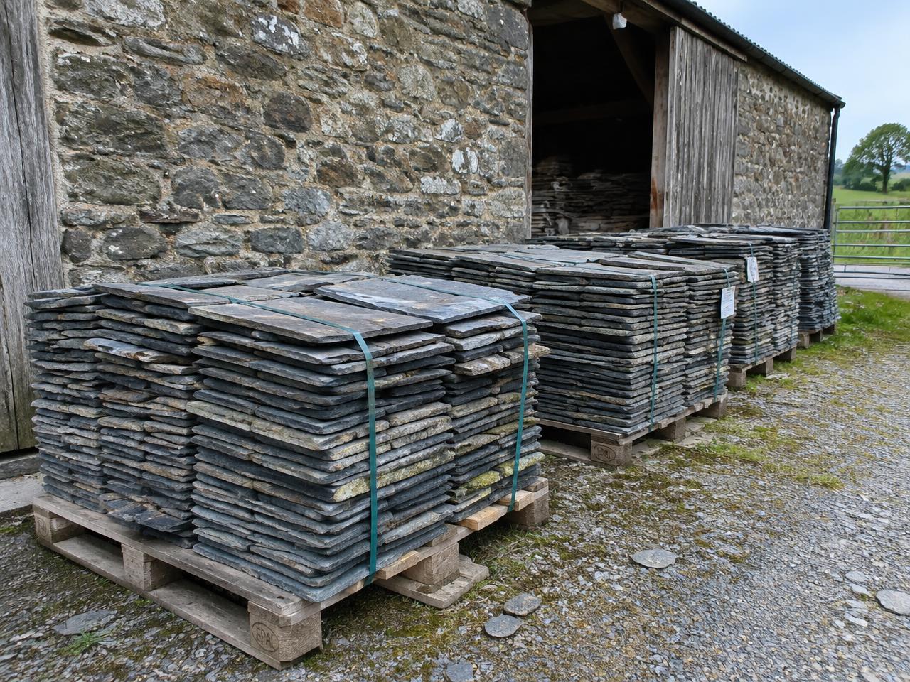 Salvaged slate roof tiles stacked on pallets beside a stone barn
