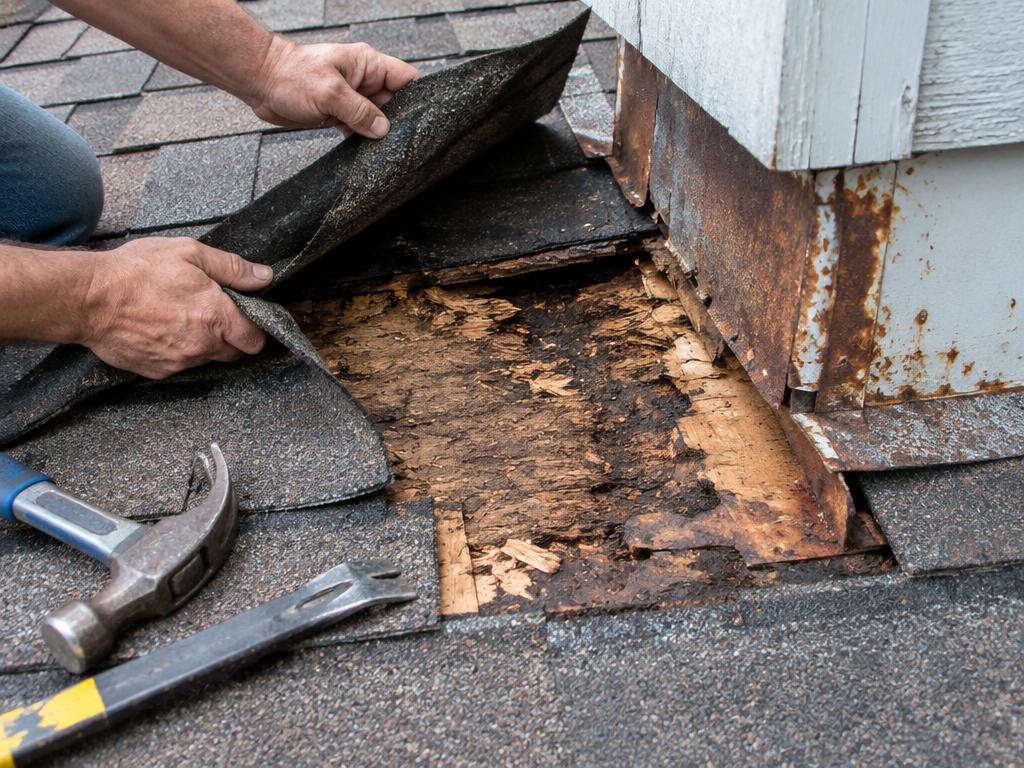 Roofer lifting shingles to show rotted wood and rusted flashing