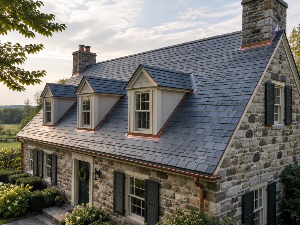 Slate roof with copper flashing on an old stone farmhouse