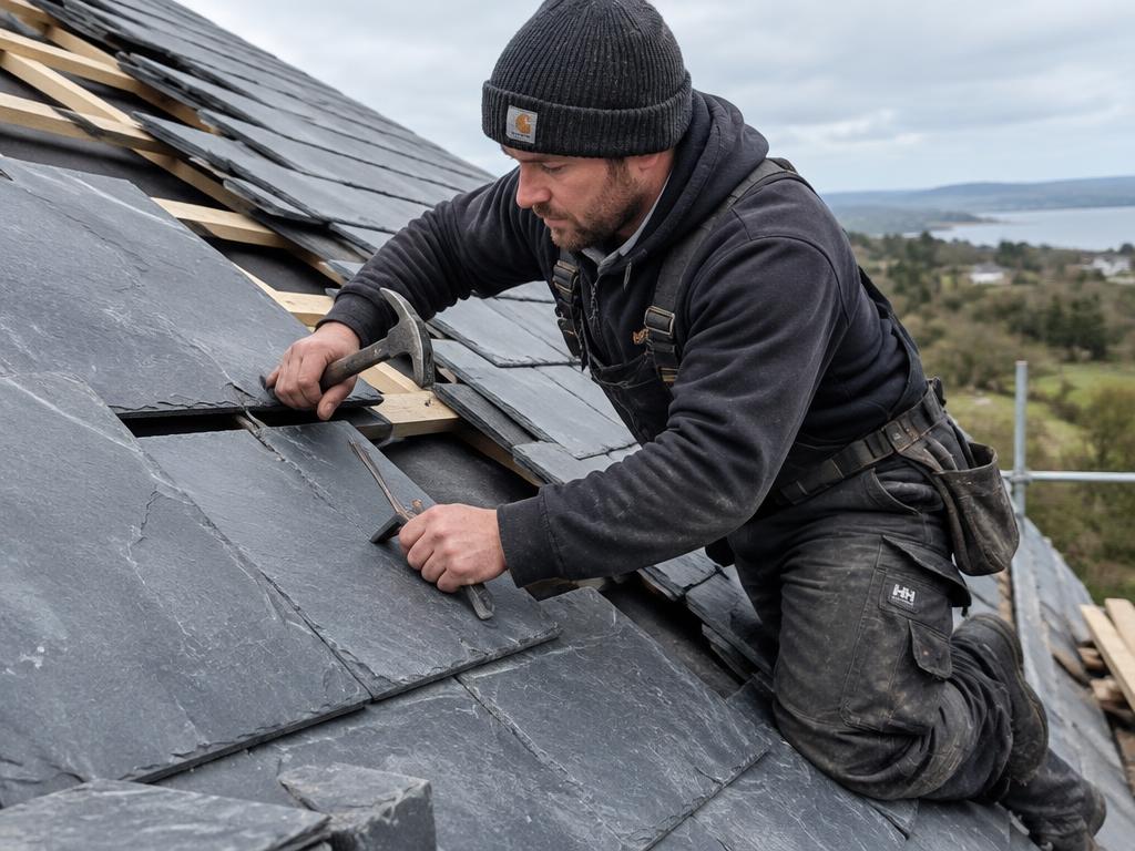 Craftsman setting a replacement slate tile by hand