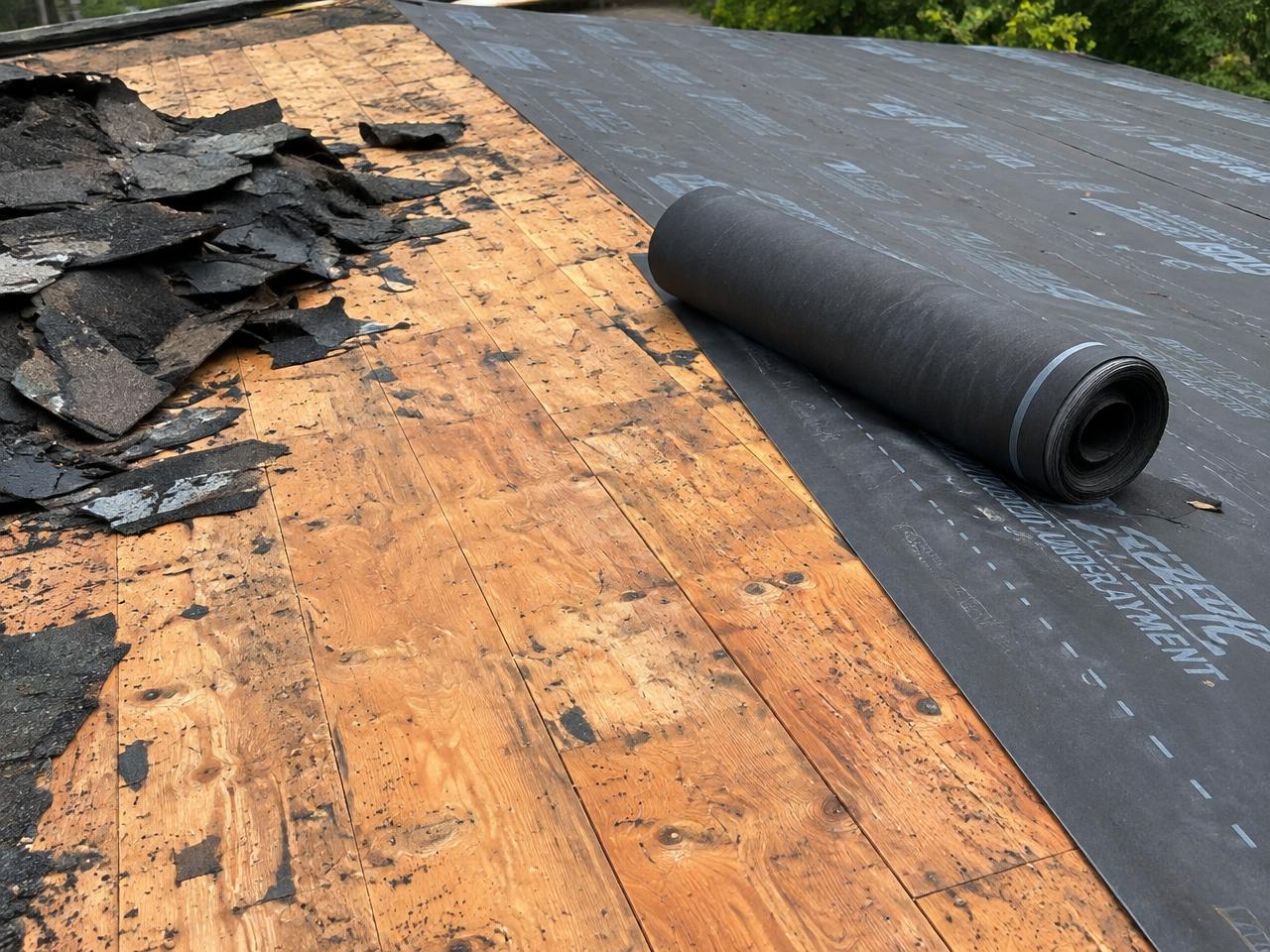 Roof stripped to bare wood decking with new underlayment being rolled out