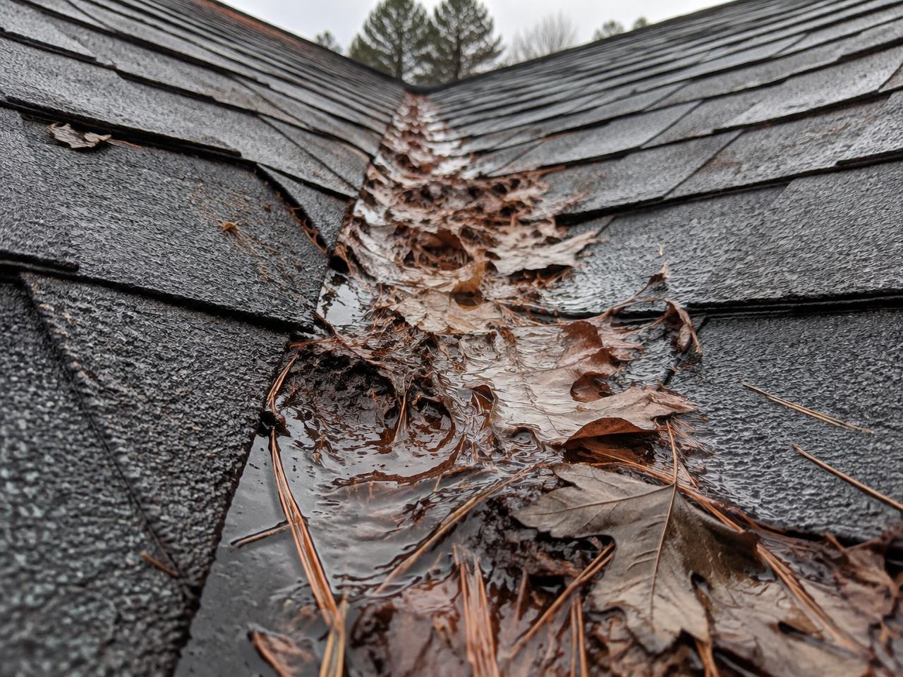 Roof valley packed with wet leaves and pine needles holding water against the shingles
